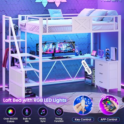 Twin Size White Metal Loft Bed with Desk and Wardrobe F365