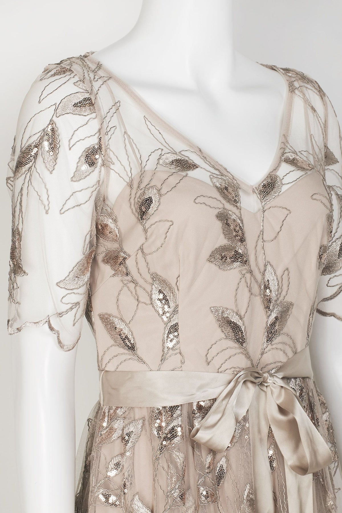 Champagne Gold V-Neck Short Sleeve Embellished Long Mesh Dress L984