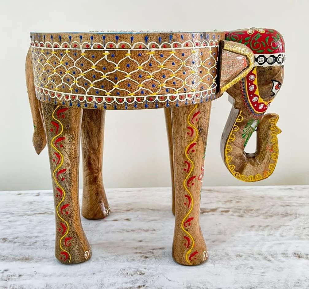Multicolor Hand Painted Wooden Elephant Stool F861654