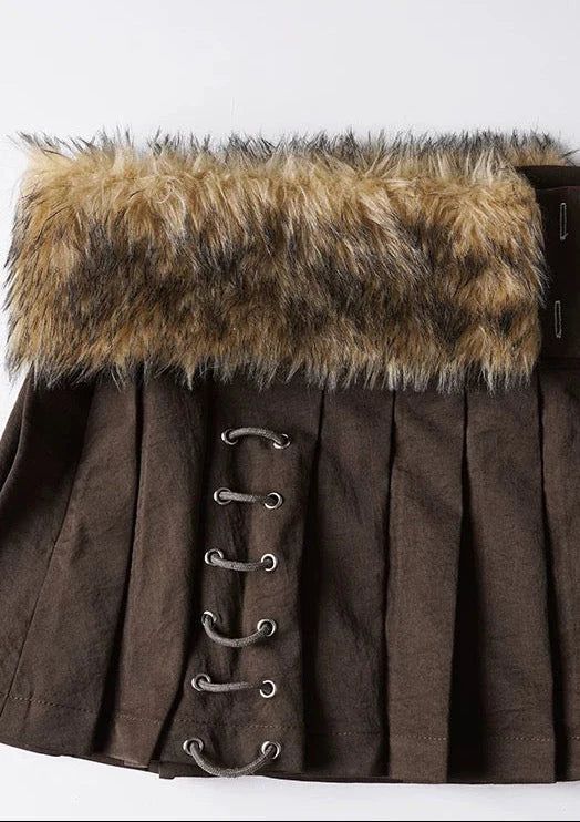 Lace Up Fur Belt Mini Skirt S3498