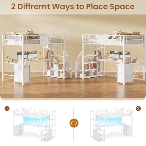 Twin Size White Metal Loft Bed with Desk and Wardrobe F365