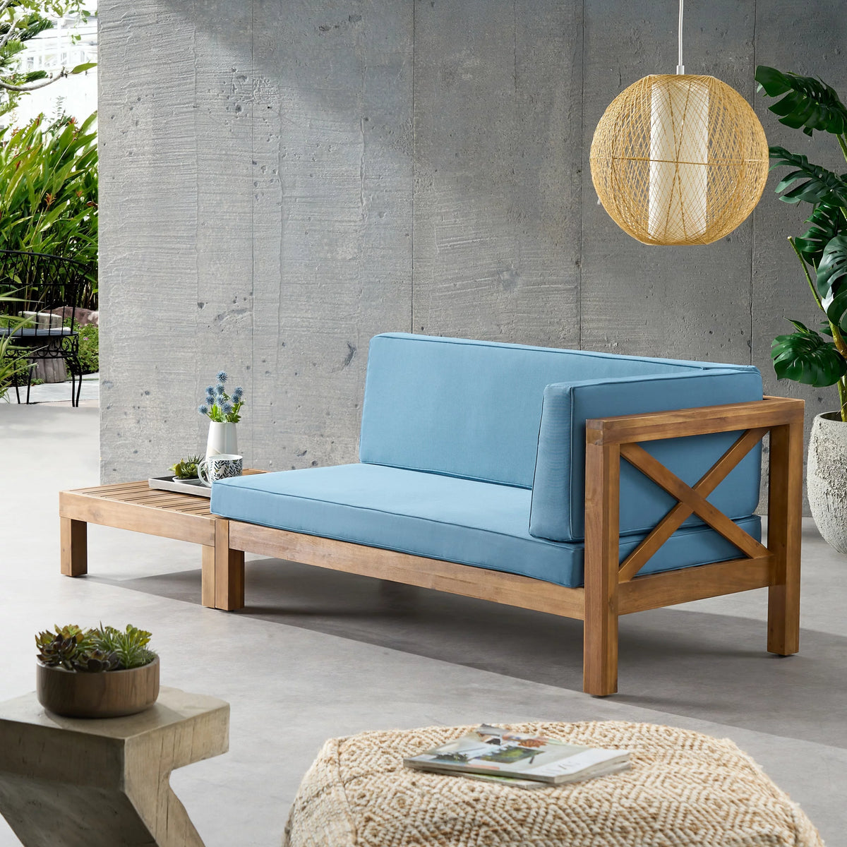 Acacia Wood Loveseat and Coffee Table Set with Cushion Q4540
