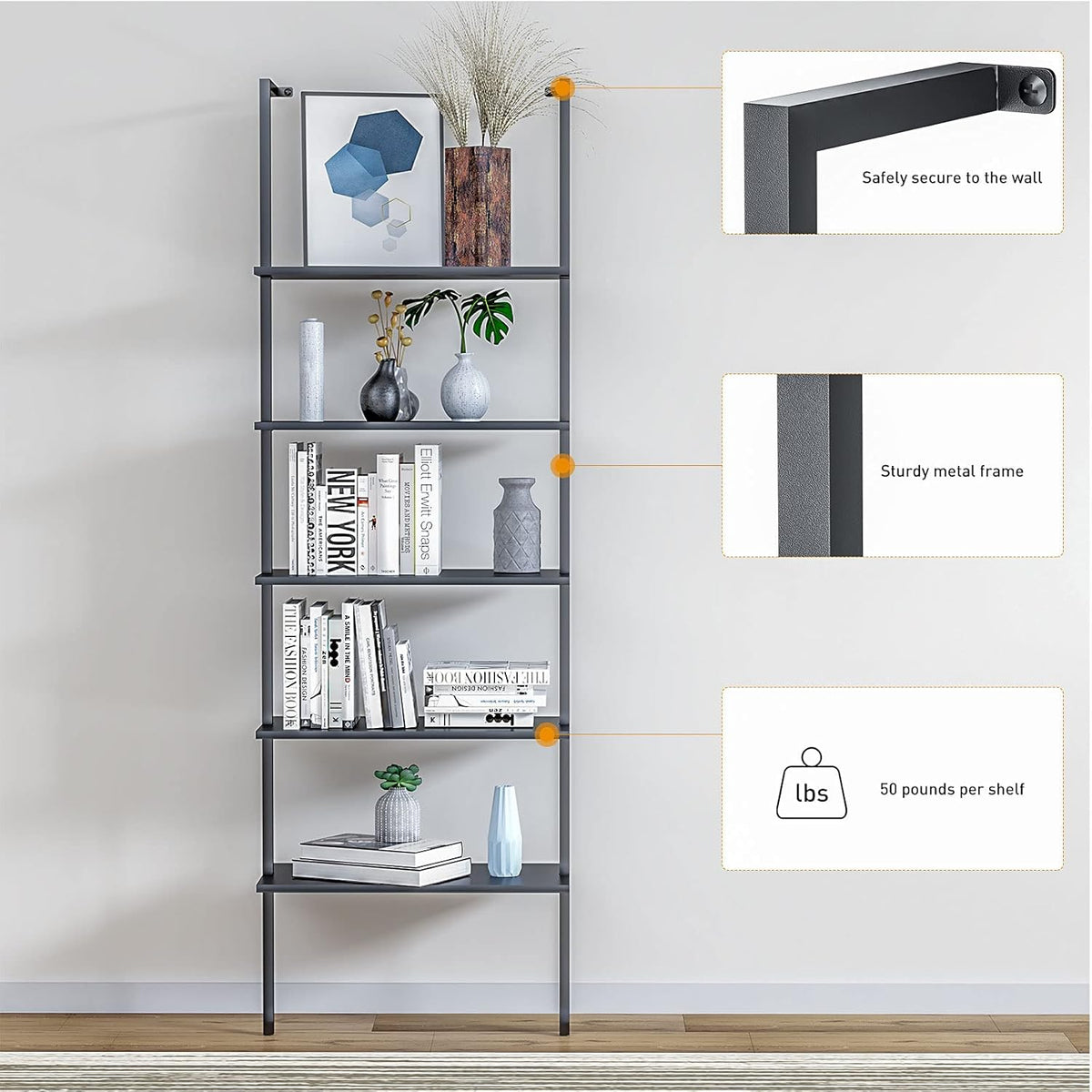 5-Shelf Black Wood Bookcase with Metal Frame B624087