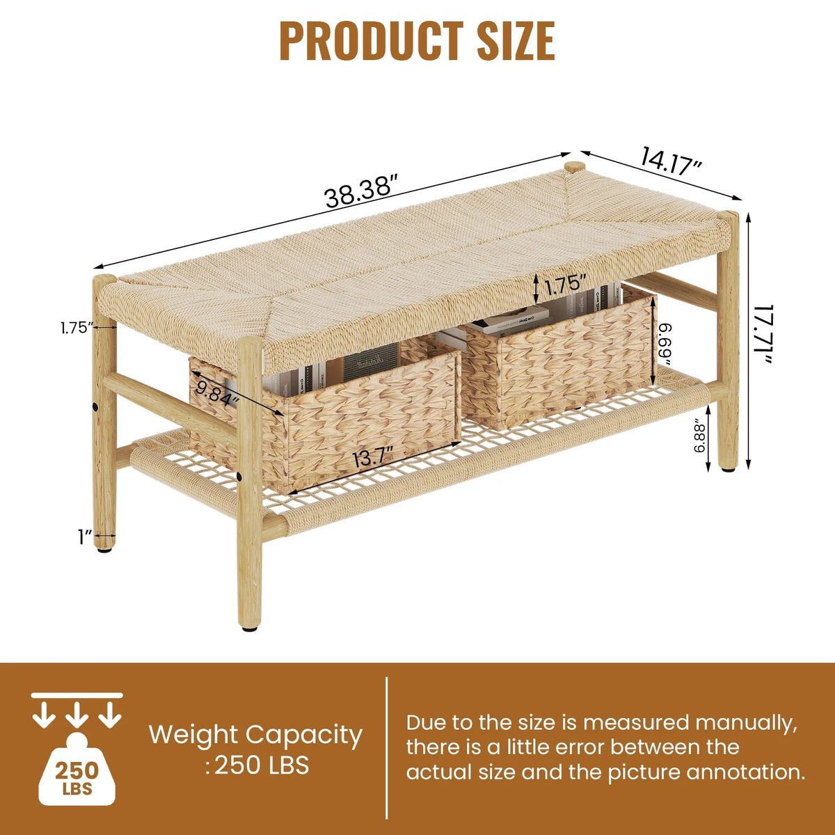 39 inch Rattan Storage Bench with 2 Baskets D2745
