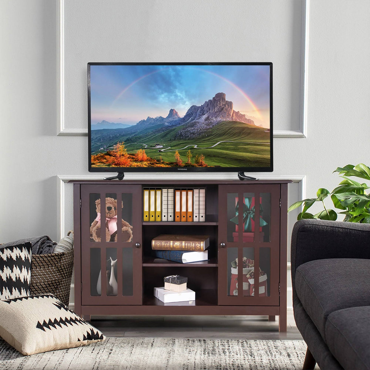 White Wood TV Stand with Storage Cabinet V707814