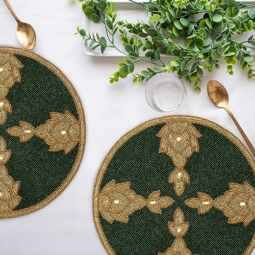 Green Gold Beaded Placemat 13 Inch Round Q72731