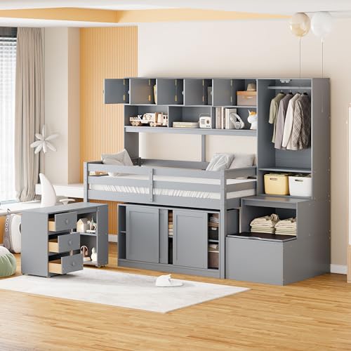 White Low Wood Loft Bed Twin Size with Rolling Desk and Drawers P1324