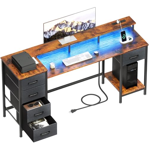 Rustic Brown Computer Gaming Desk with Power Outlets LED Lights Adjustable Fabric Storage Drawers R19076