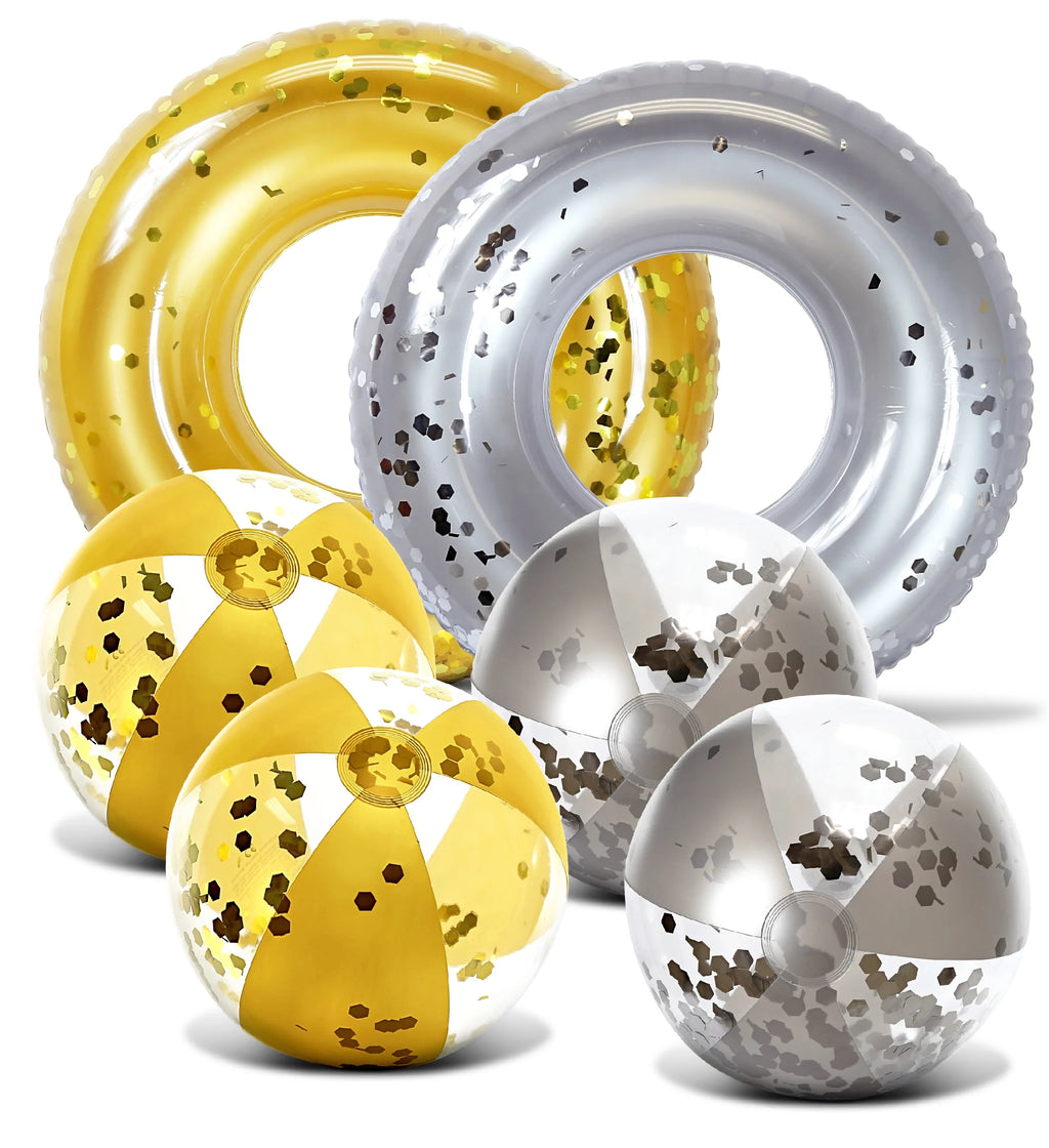 Bundle of Inflatable Silver & Gold Pool Float Tubes & Beach Balls Set of 6 Z615