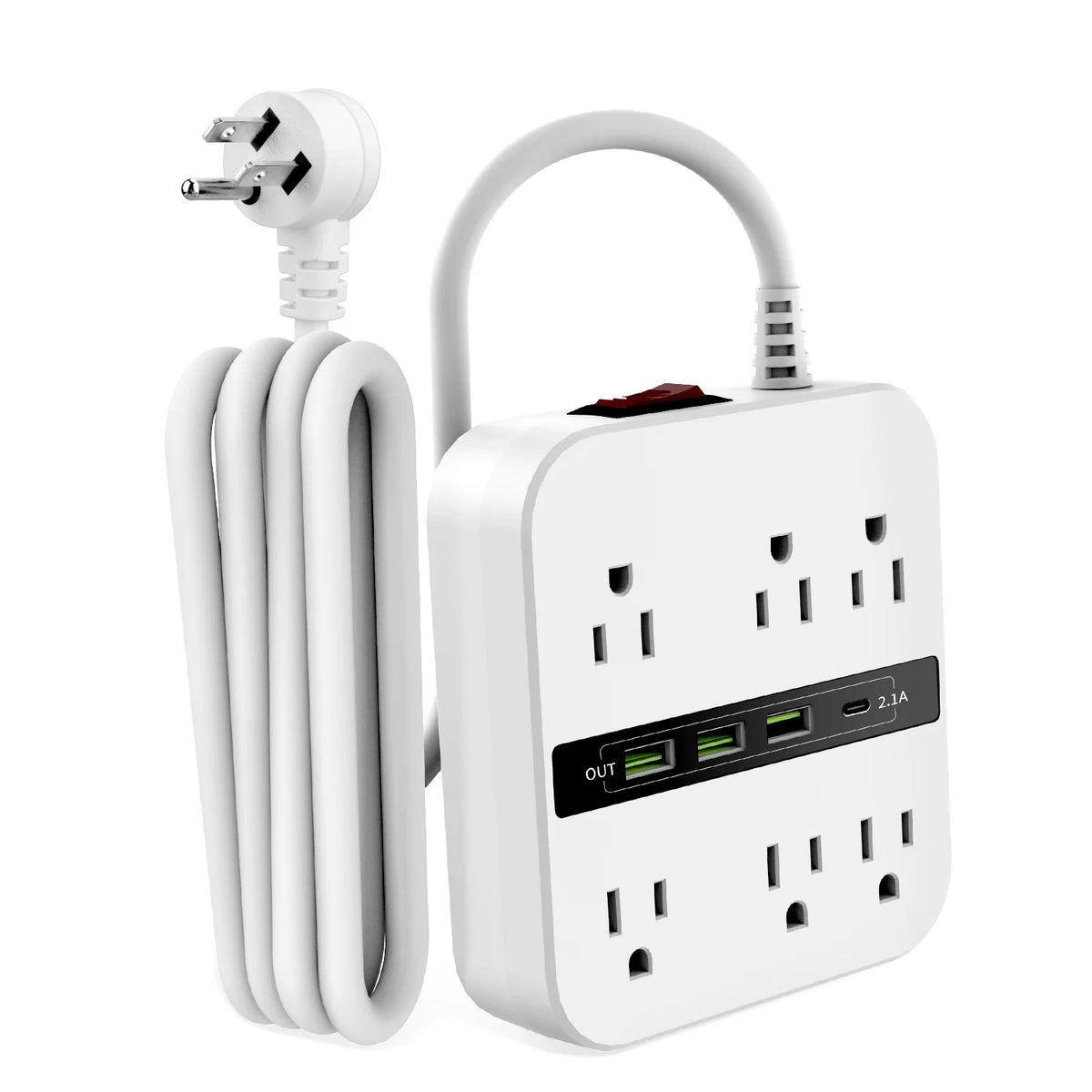 6 Outlets 4 USB Ports Surge Protector Power Strip with 6.6ft White Flat Extension Cord M209093
