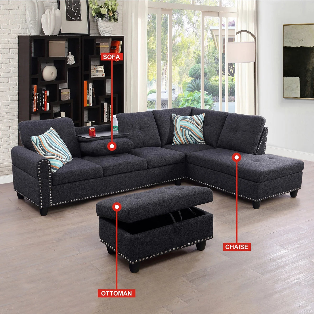 Black Grey Linen 2-Piece Sofa C883623