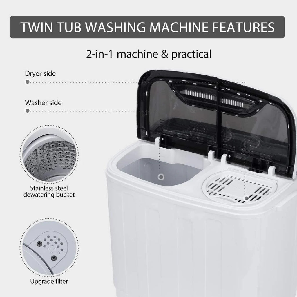 Portable 2 in 1 Twin Tub Mini Laundry Washer and Spin Dryer Combo 13.5lbs Black & White J9743