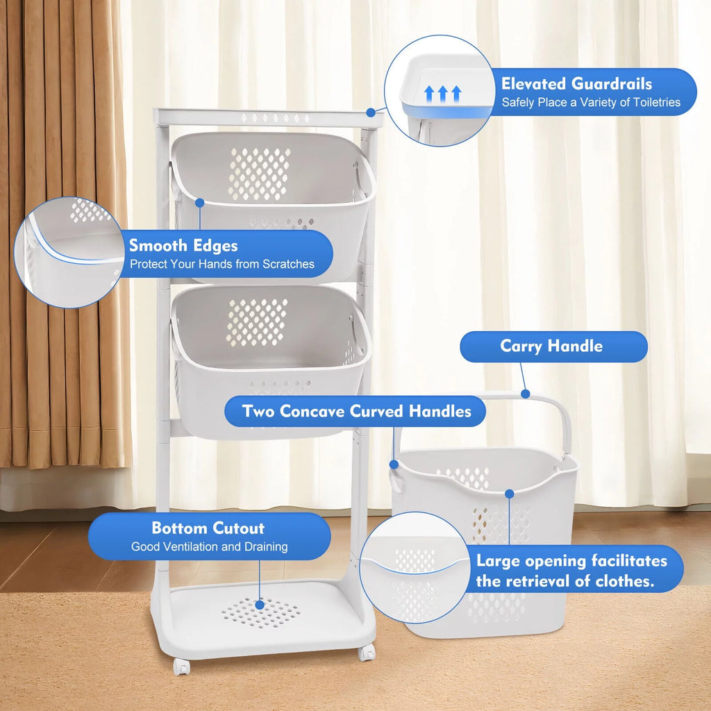 3-Tier Laundry Hamper Sorter Rolling Cart K1498