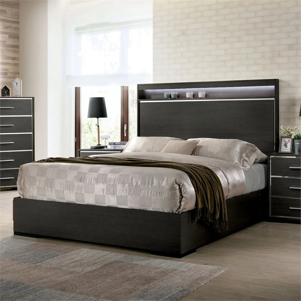 Warm Gray Wood King Panel Bed with LED Lights W92002