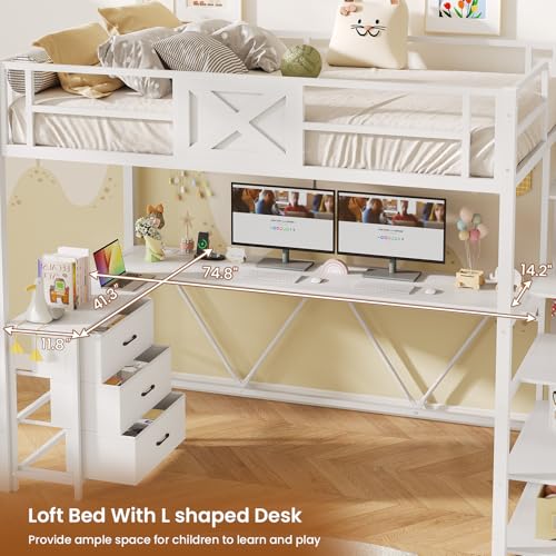 Twin Size White Metal Loft Bed with Desk and Wardrobe F365