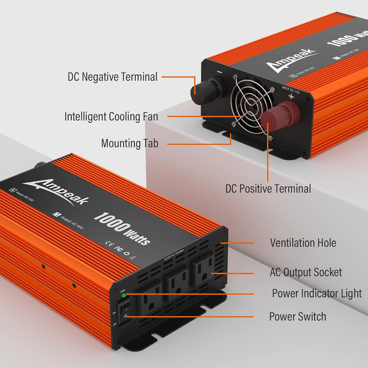 1000W Power Inverter 12V to 110V DC to AC Converter with 3 AC Outlets Y43259