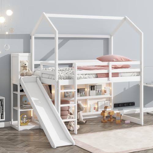 Twin Wood Loft Bed with Slide and Storage Shelves Y18162