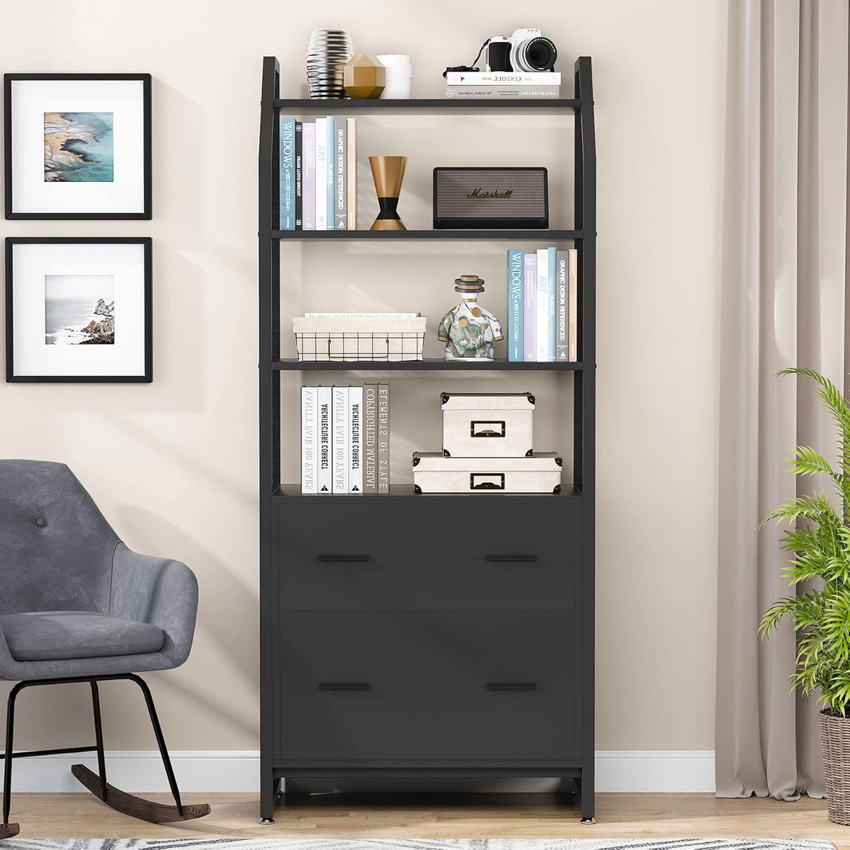 Black 2 Drawer File Cabinet with Bookshelf R877