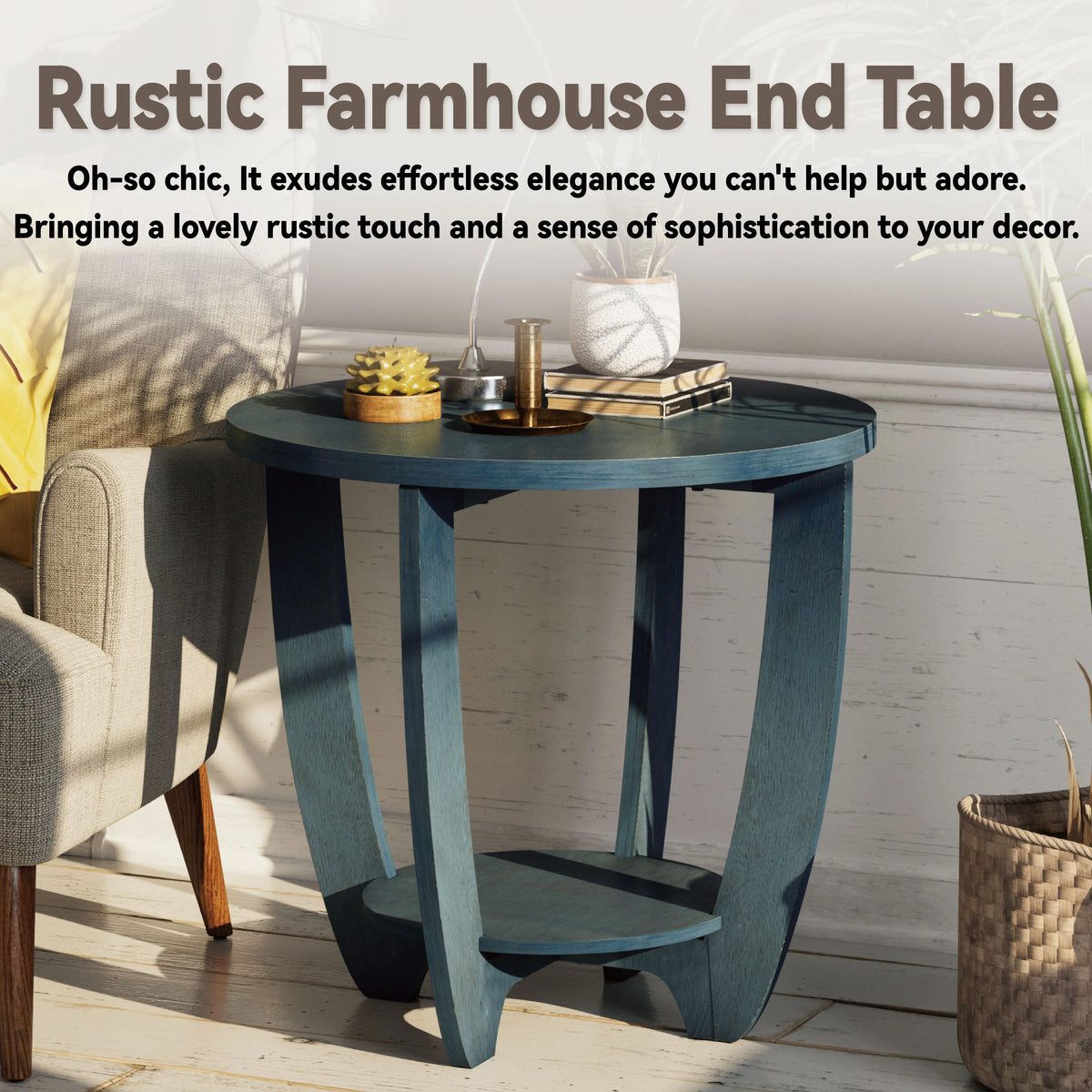 Rustic Round End Table with Storage Shelf O158704