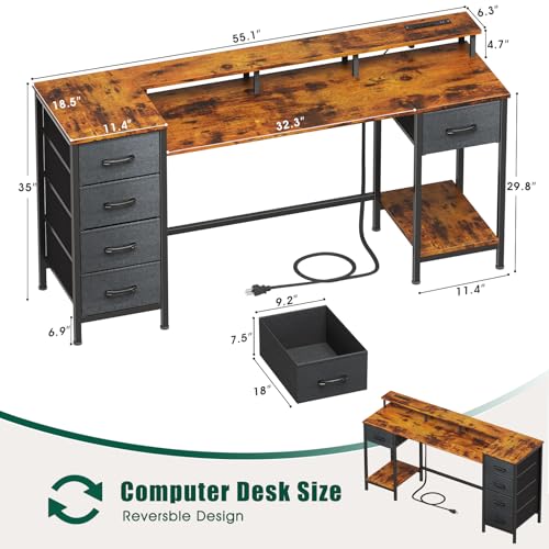 Rustic Brown Computer Gaming Desk with Power Outlets LED Lights Adjustable Fabric Storage Drawers R19076