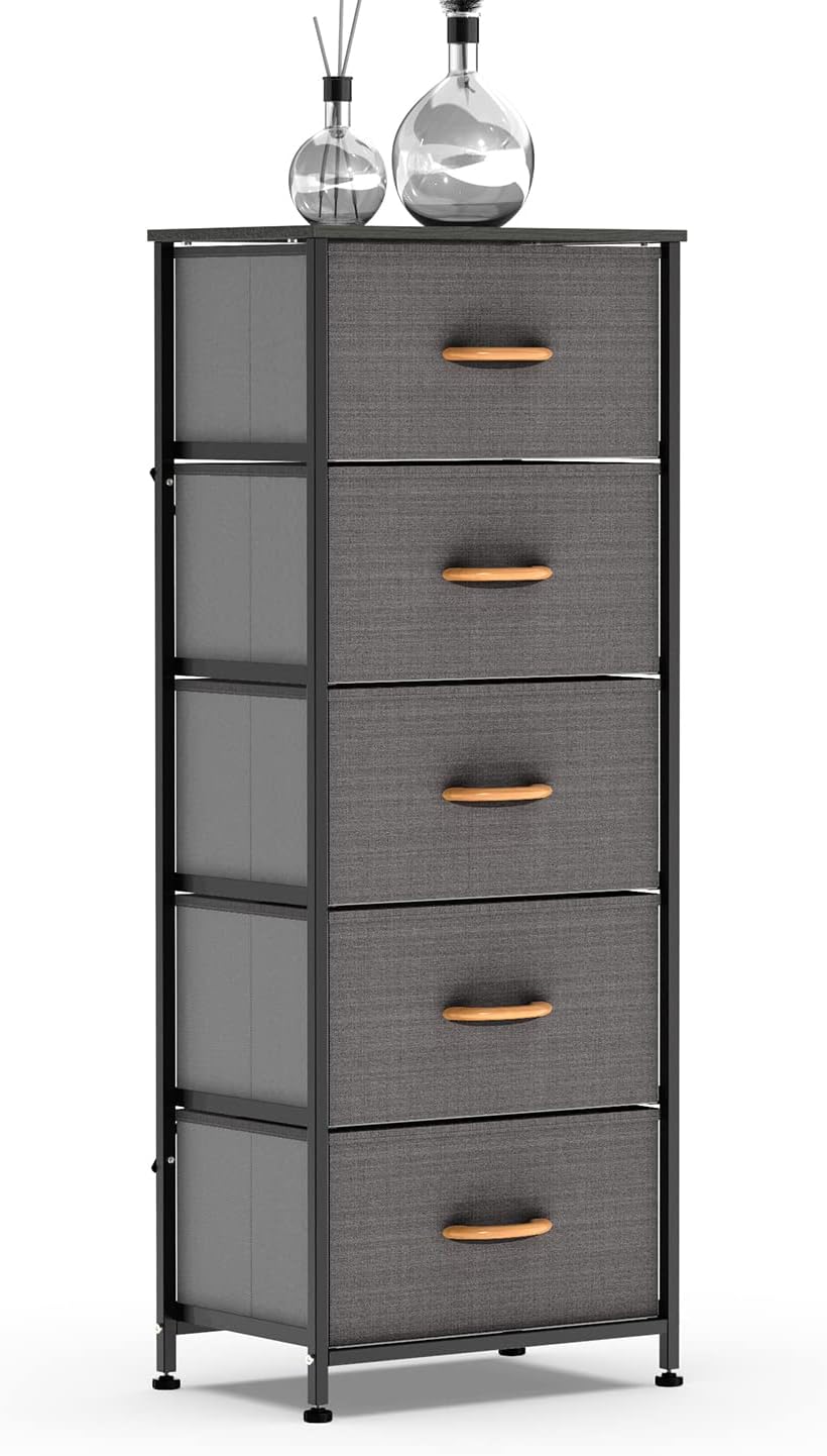 5 Drawer Fabric Dresser Tower, Dark Gray C655