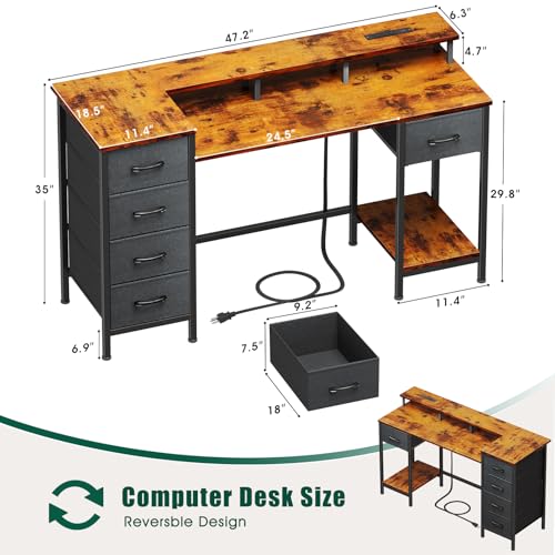 Rustic Brown Computer Gaming Desk with Power Outlets LED Lights Adjustable Fabric Storage Drawers R19076