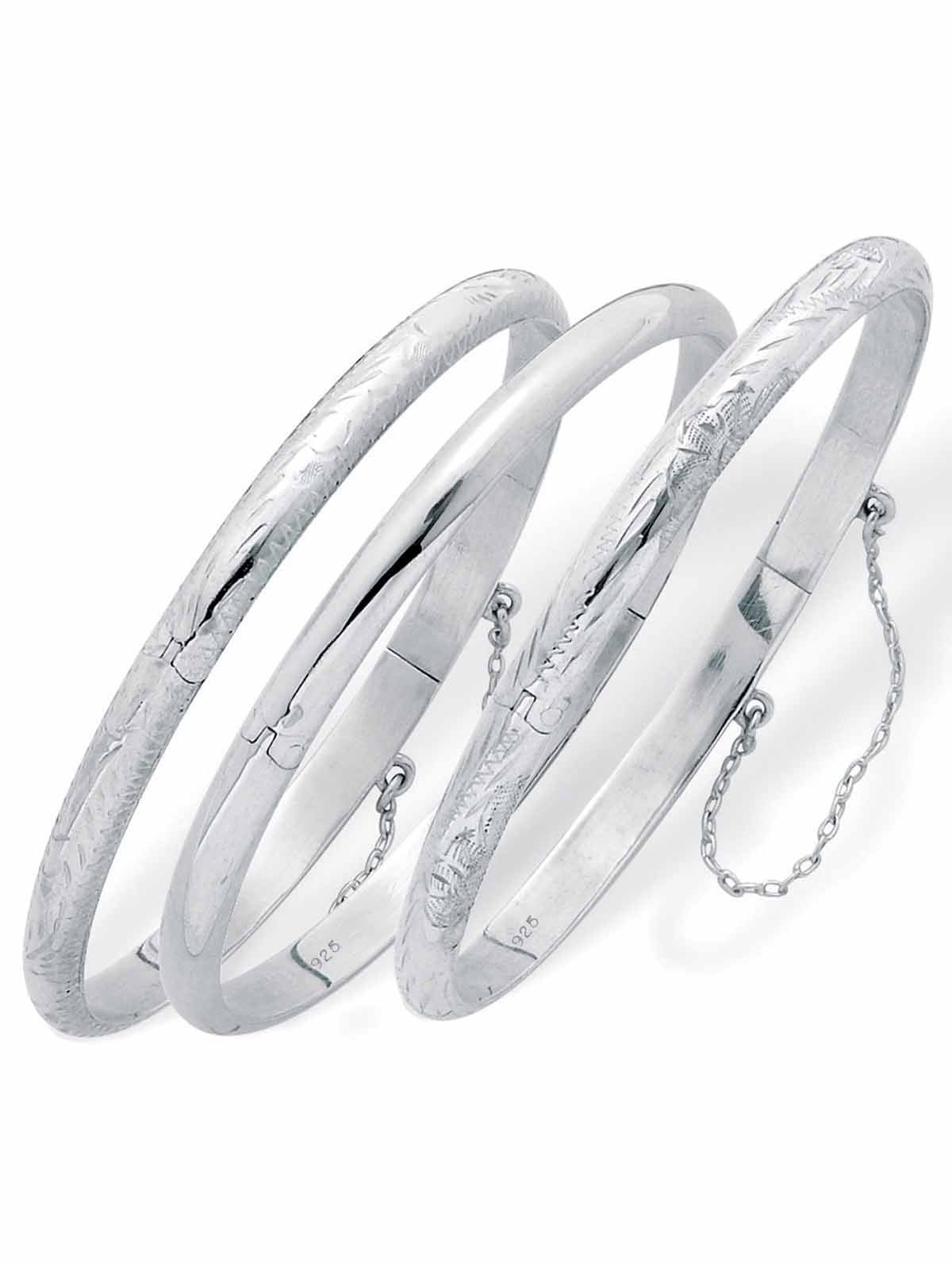 Polished Engraved Floral Three-Piece Bangle Set in Yellow Gold-Plated or Sterling Silver A821043
