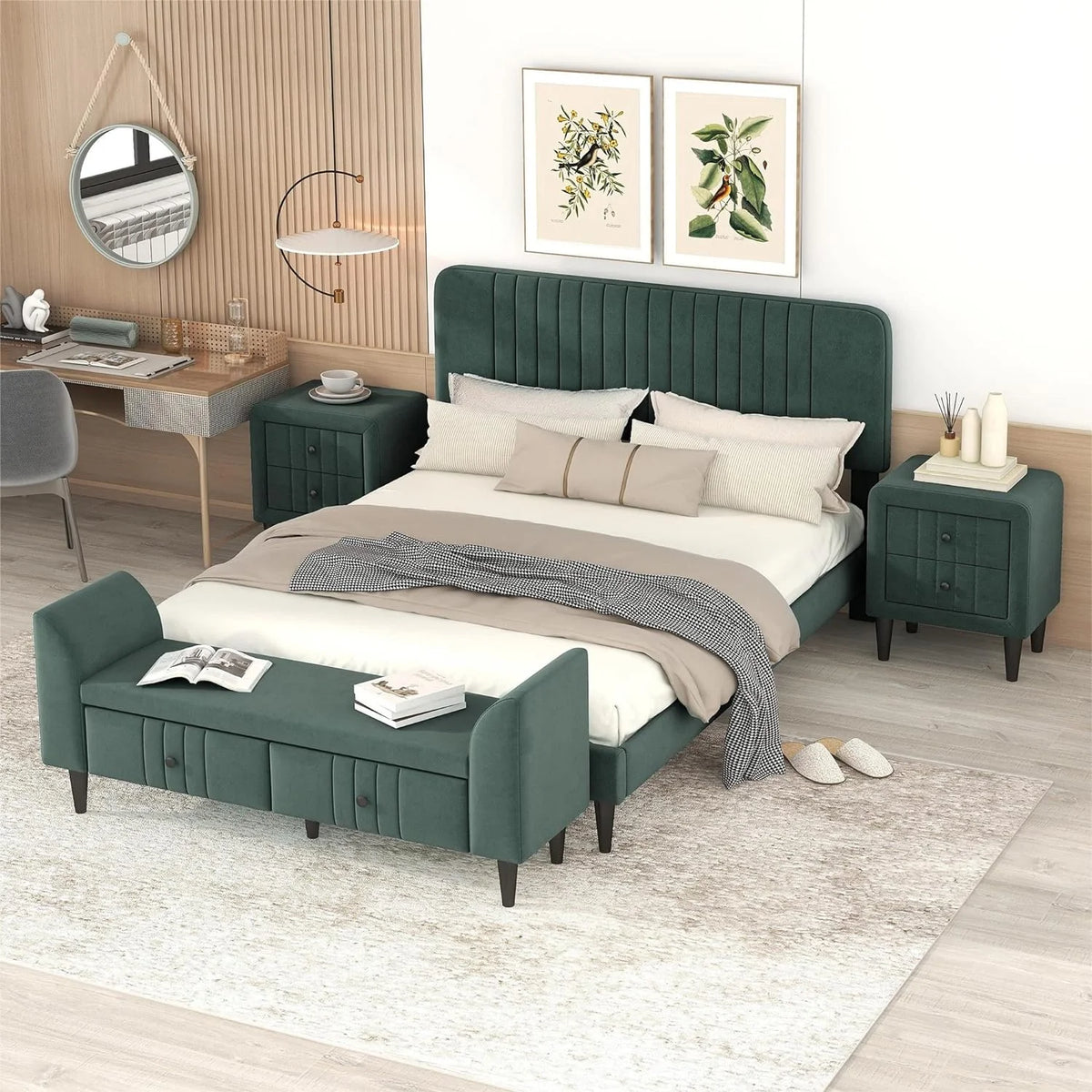 Queen Size Upholstered Platform Bed with Storage Bench C9384