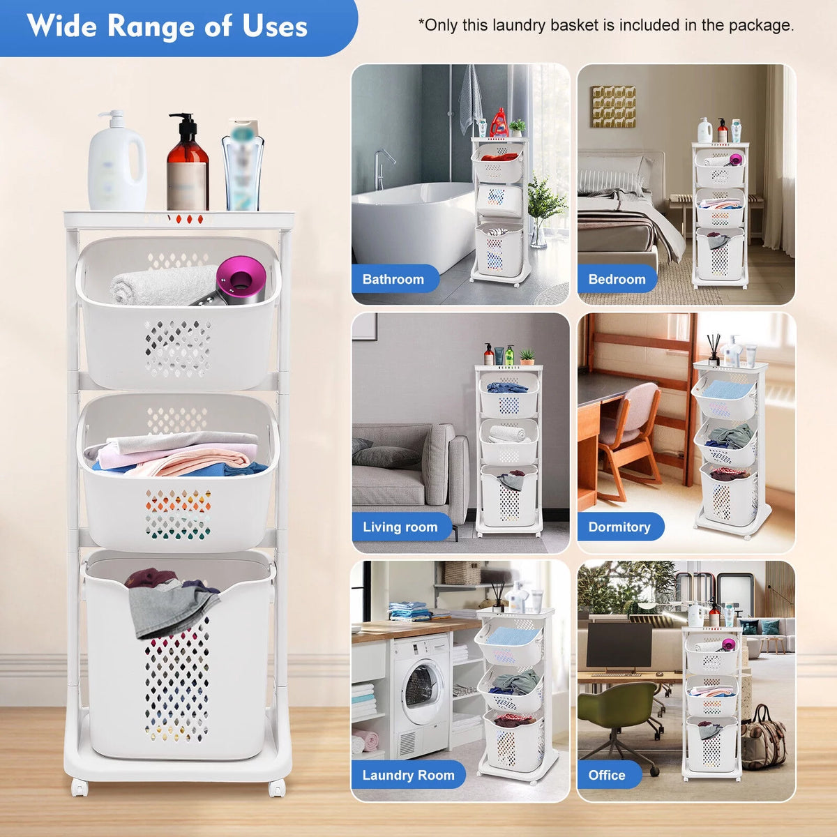 3-Tier Laundry Hamper Sorter Rolling Cart K1498