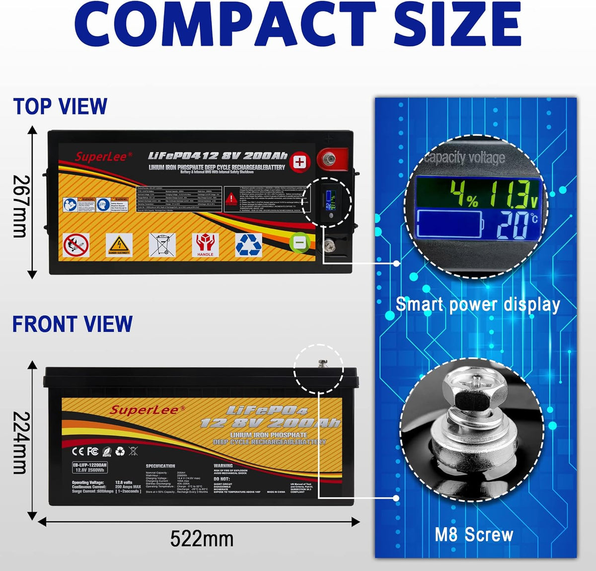 12.8V 200AH LiFePO4 Battery with LCD Display, 5000+ Cycle Lithium Iron Phosphate Battery with BMS O415