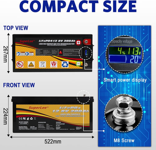 12.8V 200AH LiFePO4 Battery with LCD Display, 5000+ Cycle Lithium Iron Phosphate Battery with BMS O415