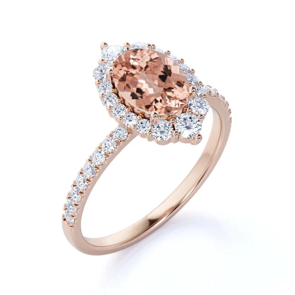 Vintage Oval Created Morganite and Moissanite Halo Promise Ring in 18K Rose Gold over Silver W94264