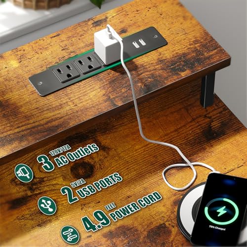 Rustic Brown Computer Gaming Desk with Power Outlets LED Lights Adjustable Fabric Storage Drawers R19076