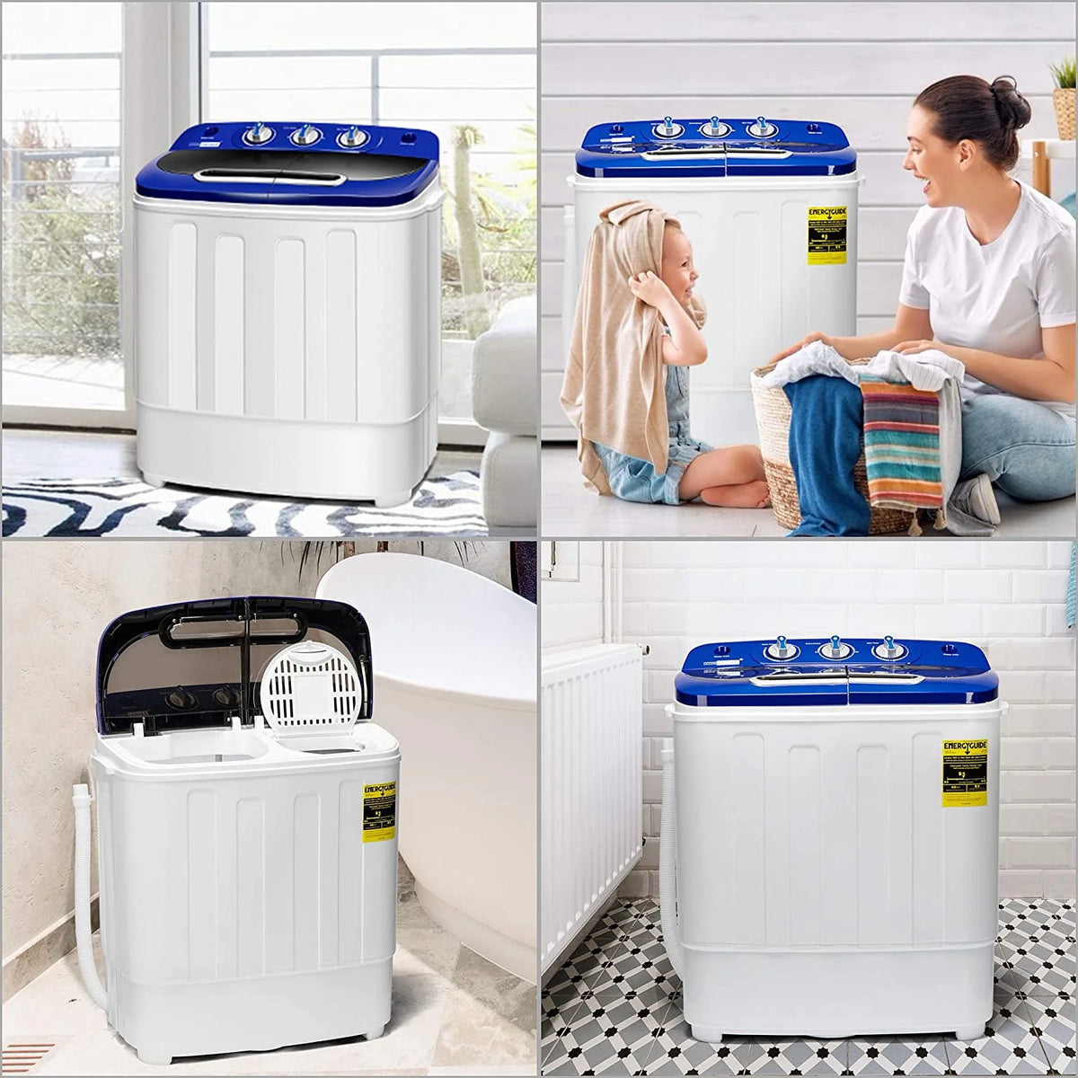 Portable 2 in 1 Twin Tub Mini Laundry Washer and Spin Dryer Combo 13.5lbs Black & White J9743