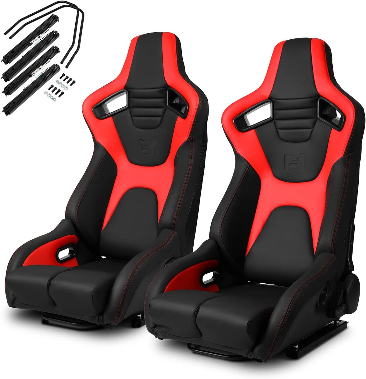 Black Red PVC Carbon Fiber Leather Reclinable Racing Seats Pair C283