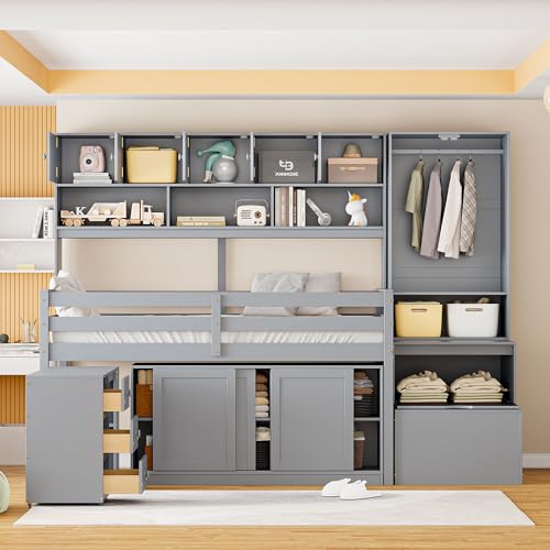 White Low Wood Loft Bed Twin Size with Rolling Desk and Drawers P1324