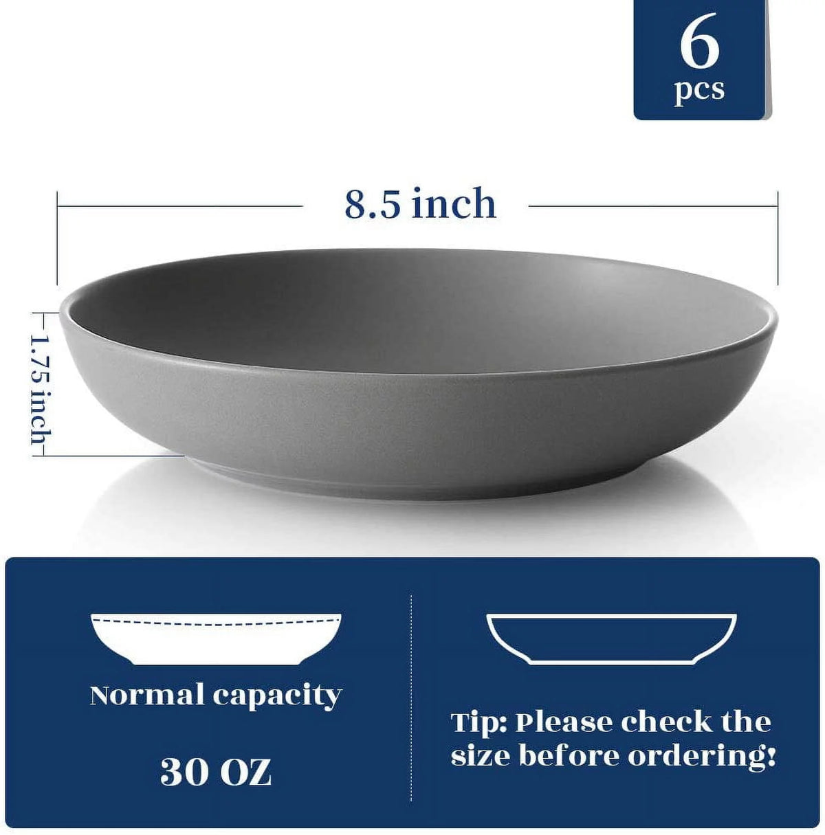 Pasta Bowls Set of 6, Ceramic Soup Bowls 30 Ounces, Grey Matte P4719