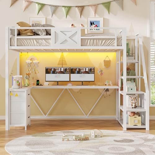 Twin Size White Metal Loft Bed with Desk and Wardrobe F365