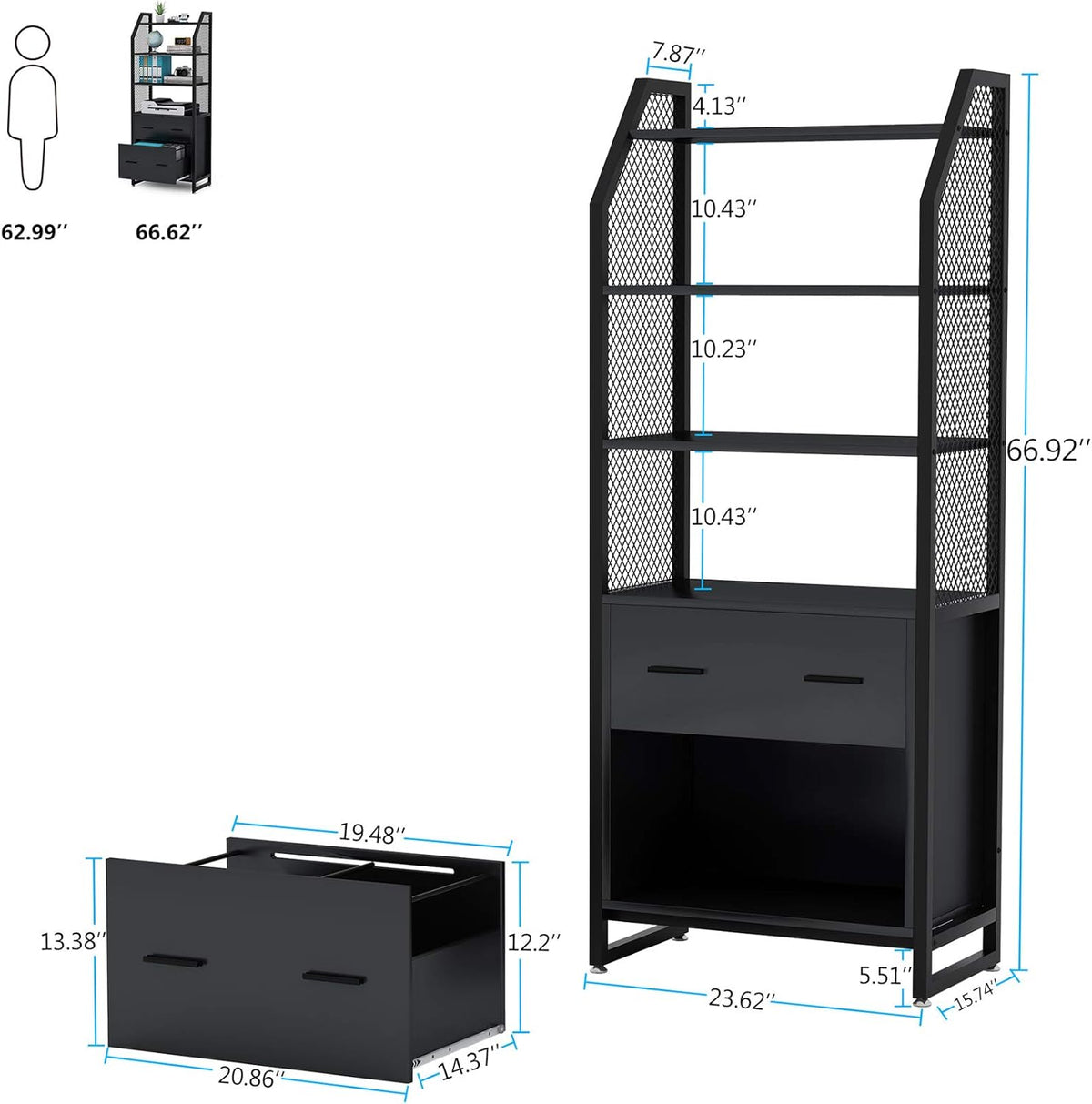 Black 2 Drawer File Cabinet with Bookshelf R877
