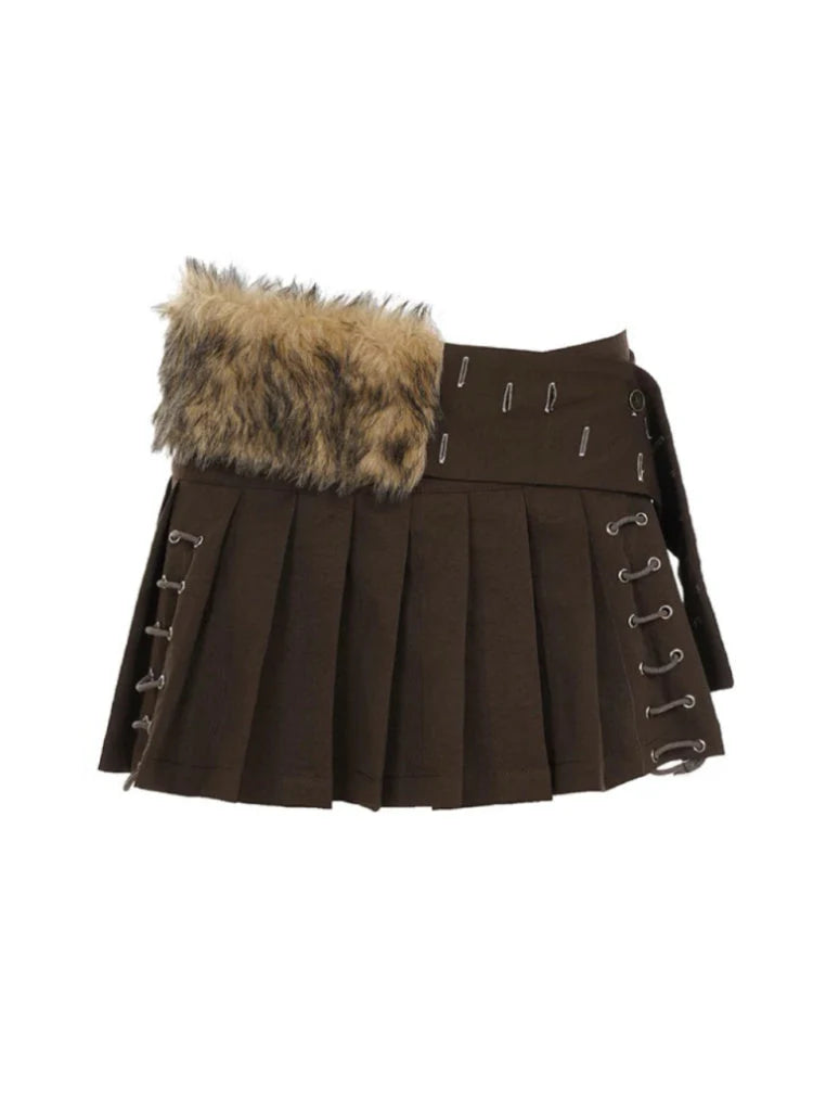 Lace Up Fur Belt Mini Skirt S3498
