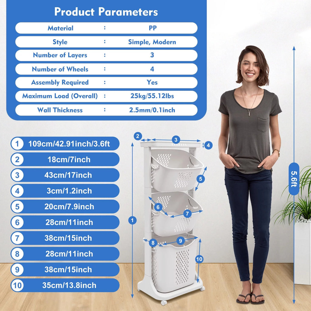 3-Tier Laundry Hamper Sorter Rolling Cart K1498