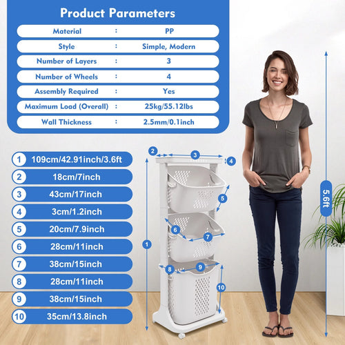 3-Tier Laundry Hamper Sorter Rolling Cart K1498