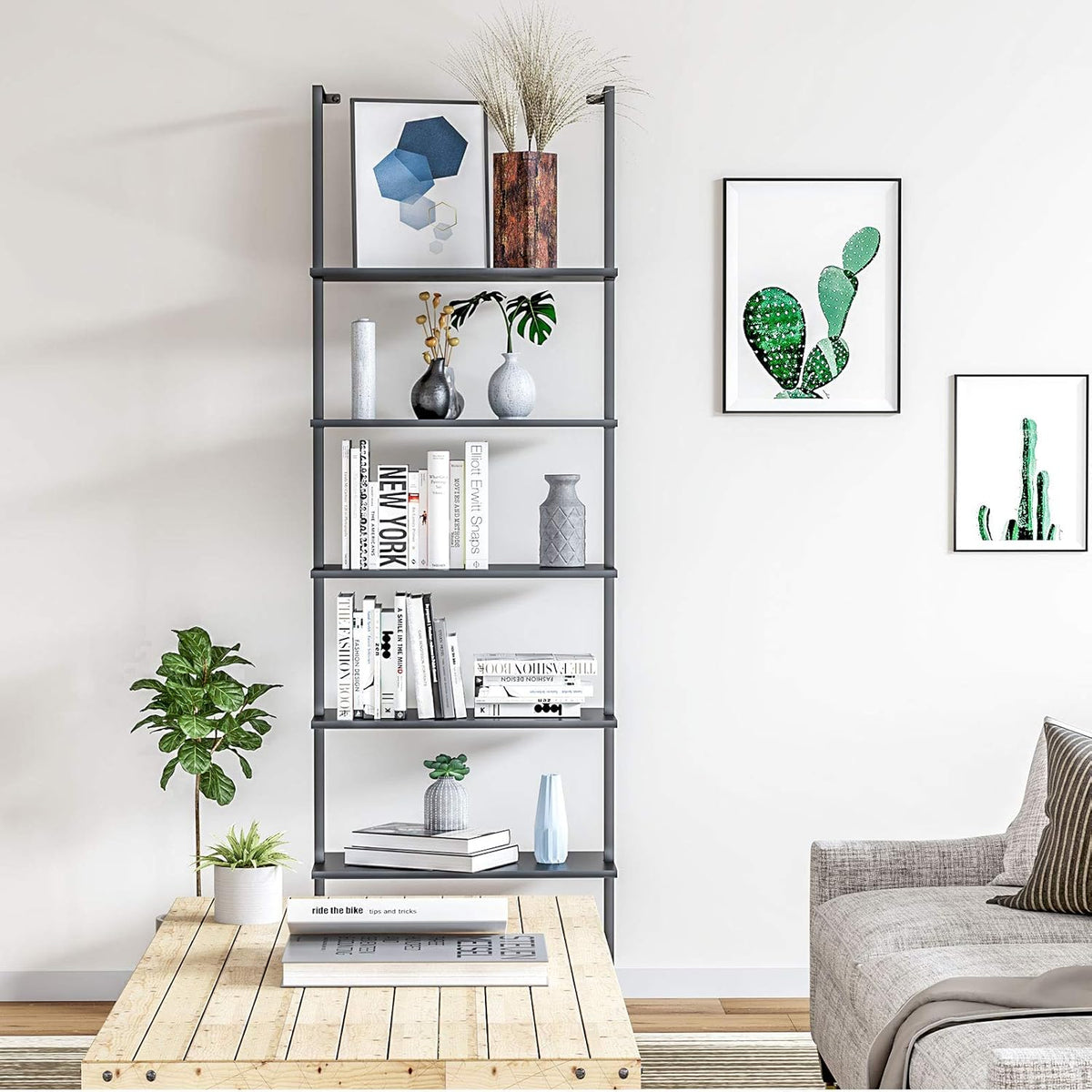 5-Shelf Black Wood Bookcase with Metal Frame B624087