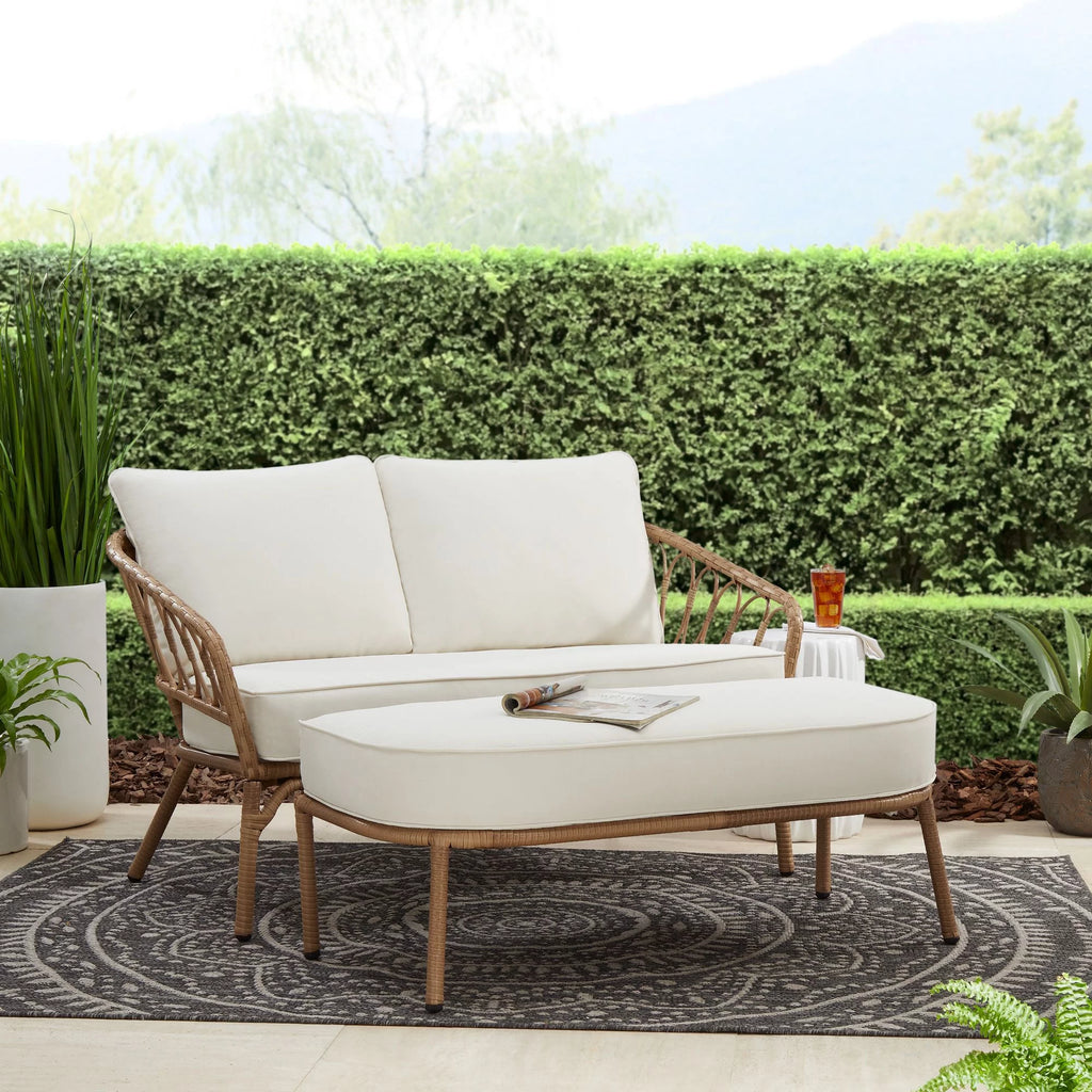Beige Wicker Outdoor Loveseat and Ottoman Set D866029