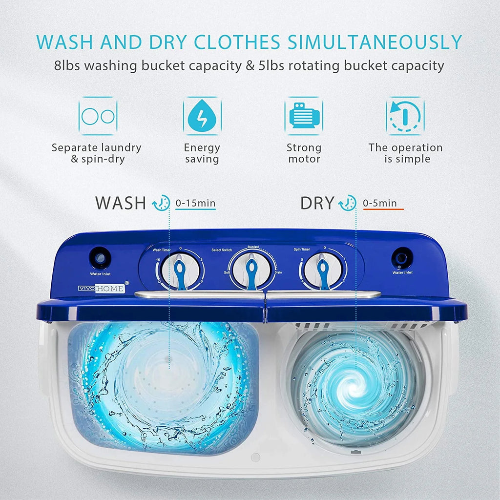 Portable 2 in 1 Twin Tub Mini Laundry Washer and Spin Dryer Combo 13.5lbs Black & White J9743