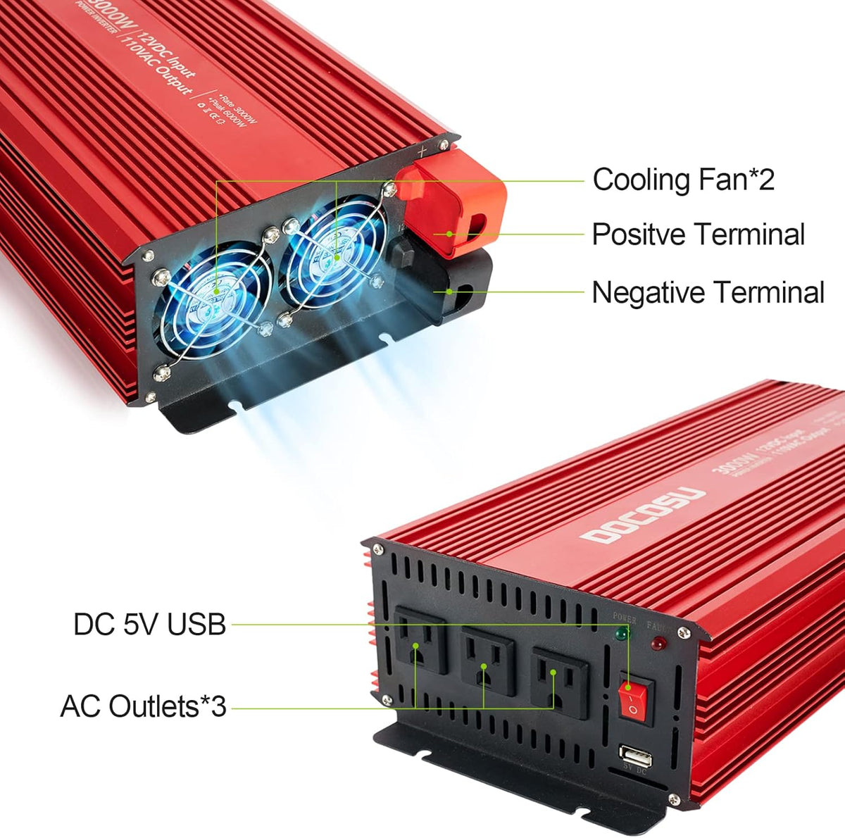 3000W Power Inverter with Dual AC Outlets & USB Port, DC12 to 24V, Modified Sine Wave C4567