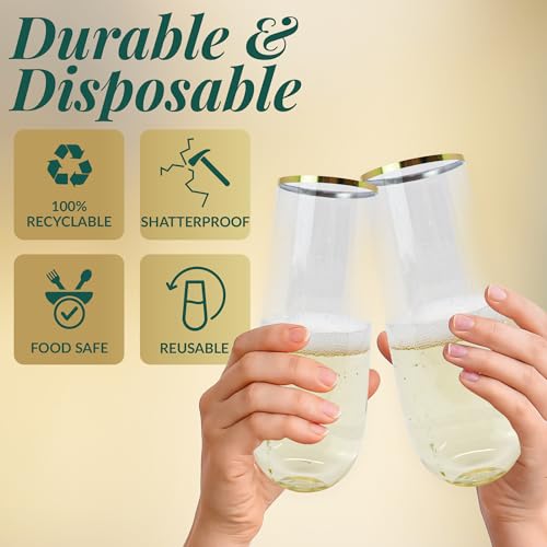 50 Pack 9oz Clear Gold Rim Stemless Plastic Champagne Flutes Q420