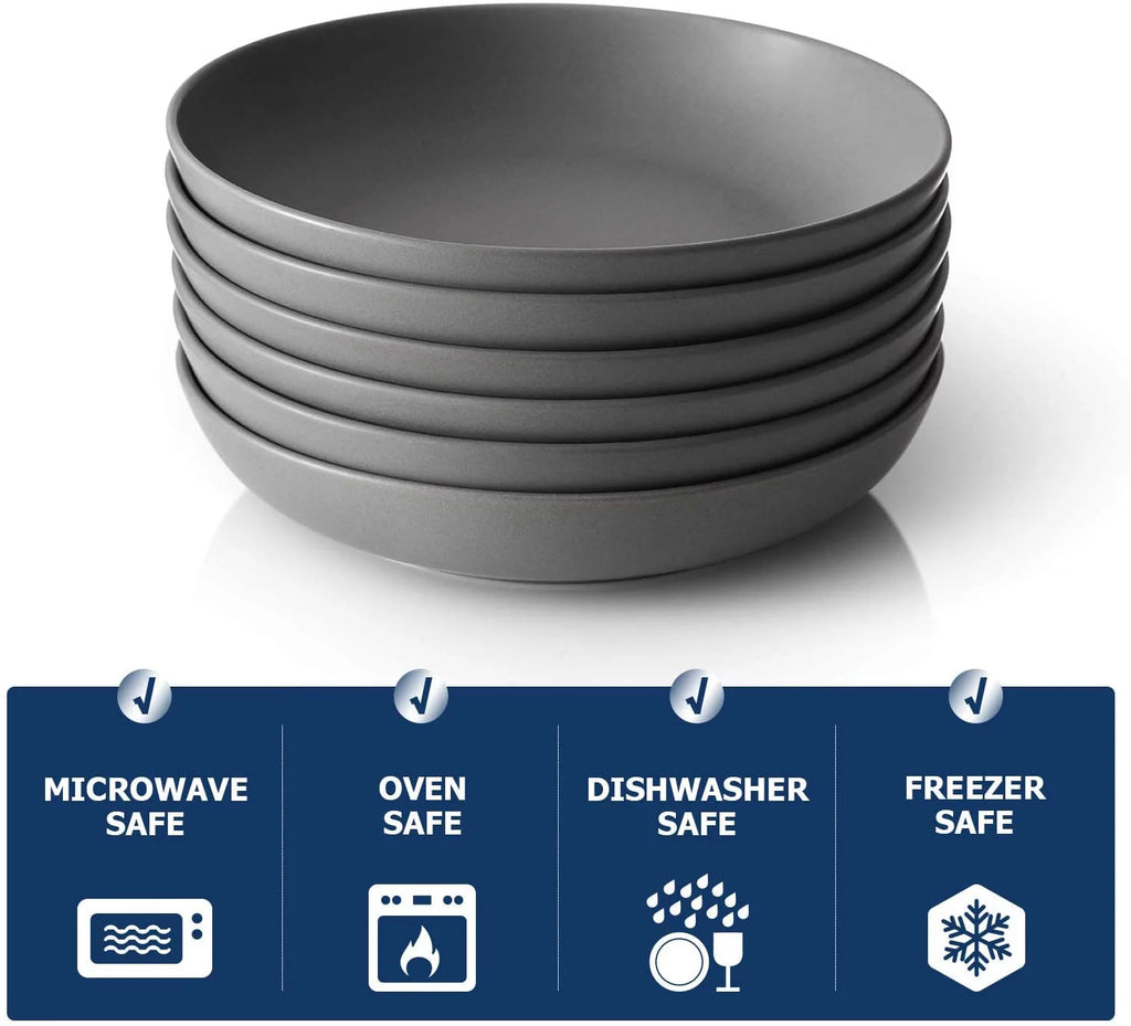 Pasta Bowls Set of 6, Ceramic Soup Bowls 30 Ounces, Grey Matte P4719