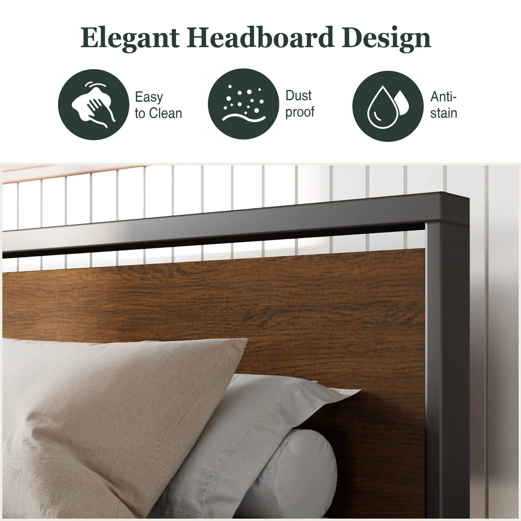 Queen Size Metal Platform Bed Frame with Wooden Headboard & Footboard W83843