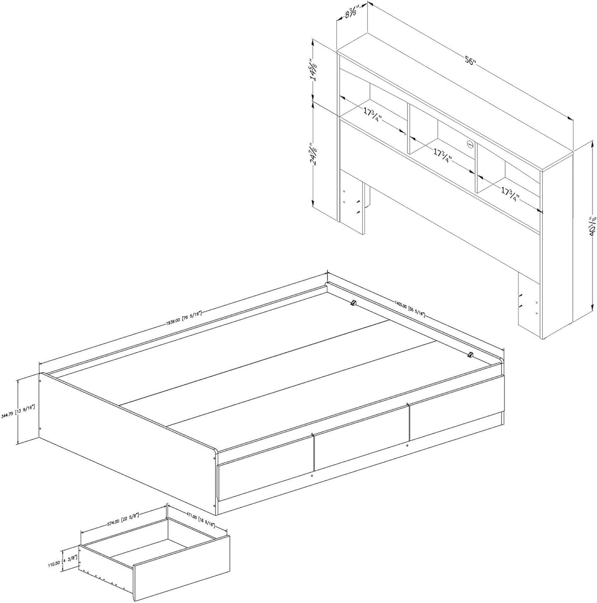 Full Bookcase Storage Bed in Pure White W695373